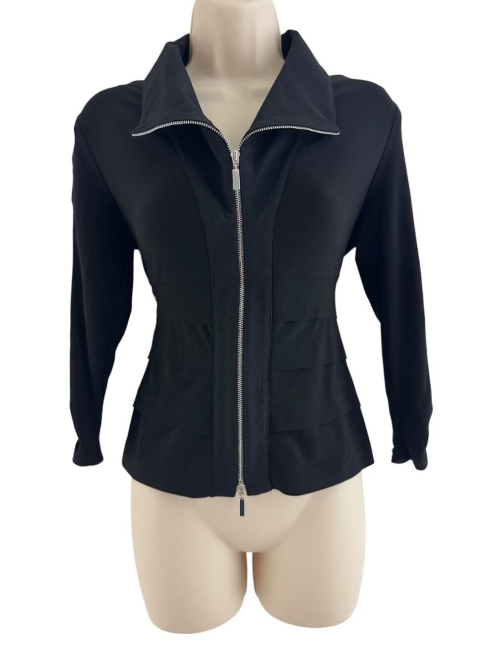 Joseph Ribkoff Black 3/4 Sleeve Zip Front Jacket Tiered Cropped Size 6 Blazer